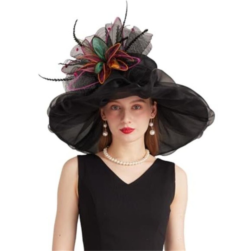 Women's Derby Church Hat Organza Flower Fascinator Wide Brim Sun Hat